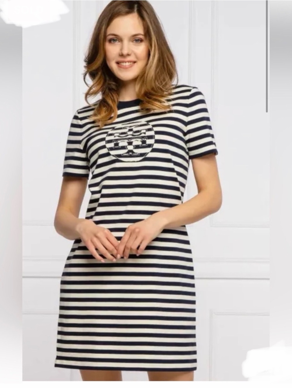 Tory Burch Logo Striped Navy and White Short-Sleeve Shift Dress, Size L